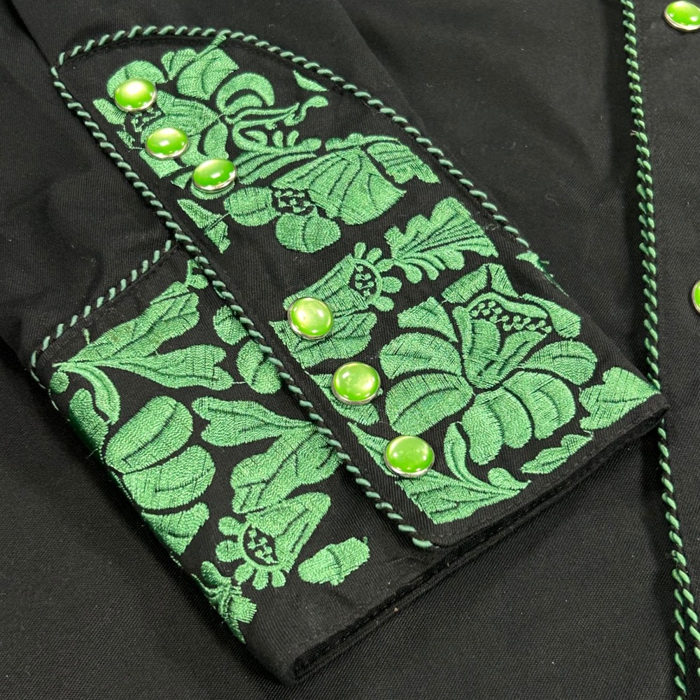 Scully Mens Western Gunfighter Shirt Black Green Embroidered Pearl Snap P-634 L - Picture 11 of 11